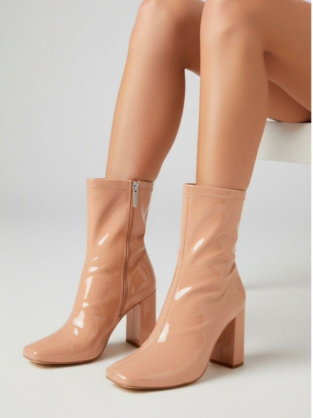 Patent Leather Nude Ankle Boots With Block Heels & Side Zipper Closure Womens